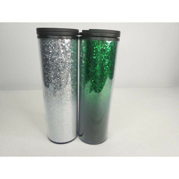 New Starbucks 2019 Holiday Silver and Green Glitter Tumbler Set Two 16 oz - Picture 4 of 5